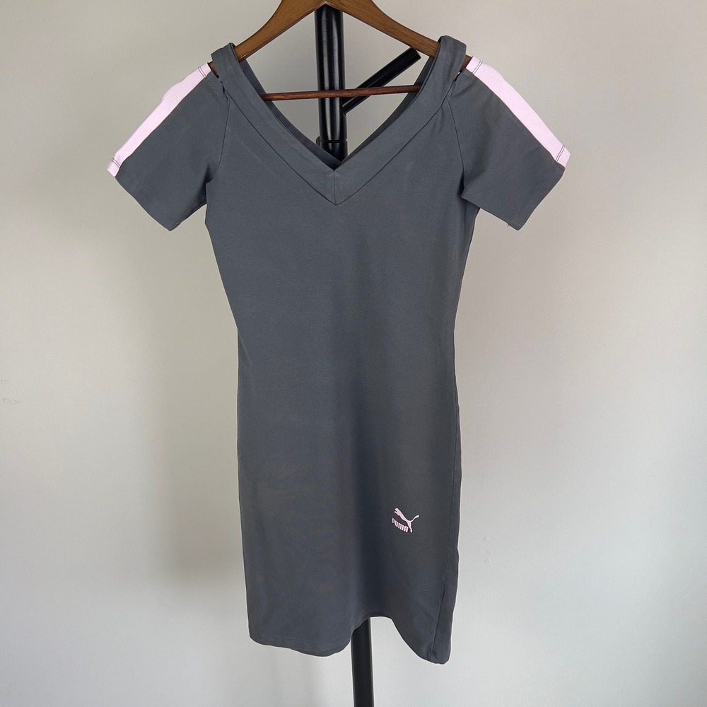 Puma Womens Cold Shoulder Bodycon Dress Grey Pink XS V-Neck Mini Streetwear